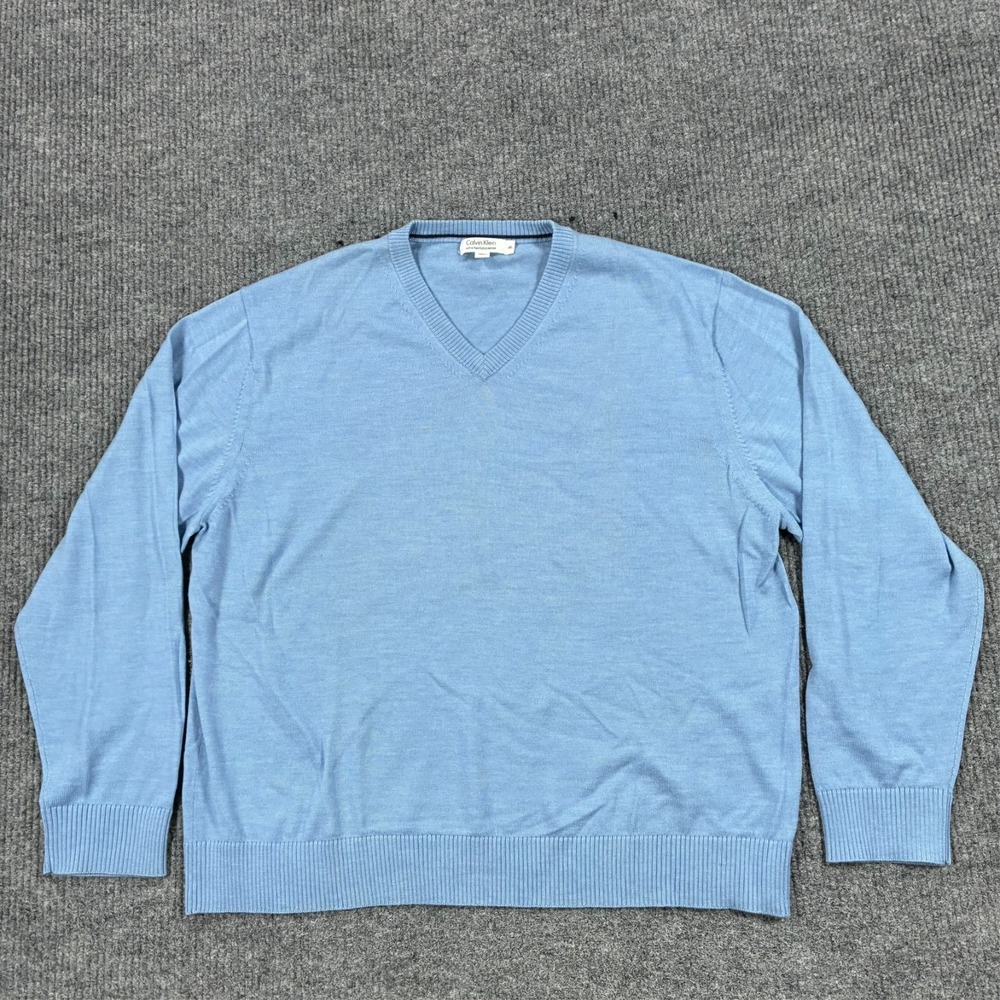 Calvin Klein Mens Size 2XL Blue Extra Fine Italian Merino Wool V Neck Sweater
